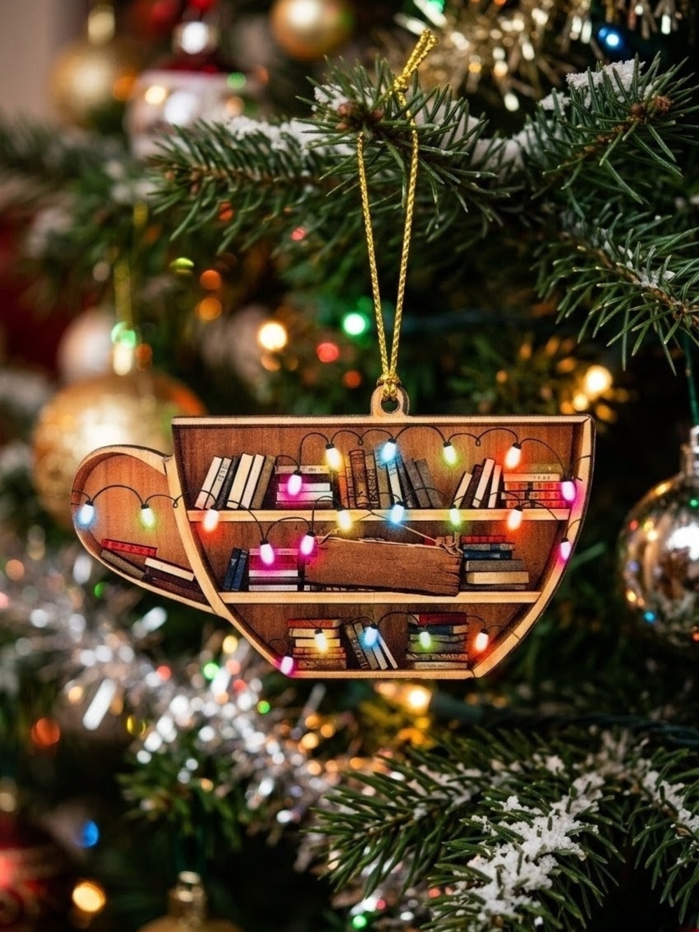 Christmas Ornament Bookshelf Teacup Shape with String Lights Acrylic Multicolor